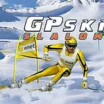 黄色いスキージャケットを着たスキーヤーが雪山の斜面を滑り降りながら旗を曲がりくねっている。