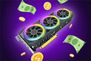 紫色の背景にRGBライティングのファンを持つグラフィックスカードと、周囲に浮かぶ紙幣とコイン。