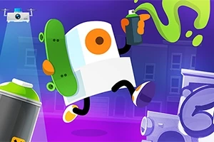 カラフルなスプレーペイントを持ってスケートボードをしたキャラクターが踊っているアニメーションイラスト。