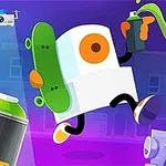 カラフルなスプレーペイントを持ってスケートボードをしたキャラクターが踊っているアニメーションイラスト。