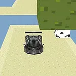 砂地の道を走る黒いスポーツカーとブロック状の木。