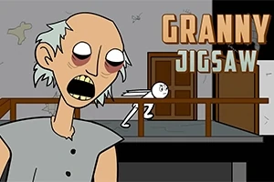 家の中で大きな口を開けた老人のイラストと「GRANNY JIGSAW」という文字。