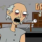 家の中で大きな口を開けた老人のイラストと「GRANNY JIGSAW」という文字。