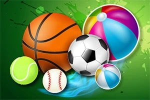 バスケットボール、サッカーボール、テニスボール、野球ボール、およびビーチボールが緑色の背景に表示されています。