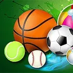 バスケットボール、サッカーボール、テニスボール、野球ボール、およびビーチボールが緑色の背景に表示されています。