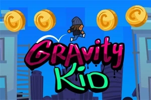 青い空の背景に、コインの下をジャンプする帽子をかぶったキャラクターと「Gravity Kid」のカラフルな文字。