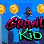 青い空の背景に、コインの下をジャンプする帽子をかぶったキャラクターと「Gravity Kid」のカラフルな文字。
