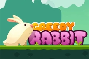 白いウサギが「GREEDY RABBIT」と書かれたカラフルな文字の前に立っているイラスト。