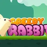 白いウサギが「GREEDY RABBIT」と書かれたカラフルな文字の前に立っているイラスト。