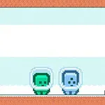 氷のプラットフォーム上に立つ緑と青の宇宙服を着たキャラクターたち。