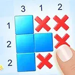 青いブロックと赤い×印が並ぶグリッドパズルに触れる指。