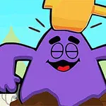 紫色のキャラクターがハンマーで頭をたたかれる瞬間を描いたイラスト。