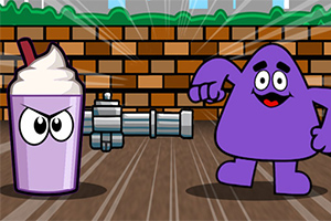 紫色の飲み物と紫色のキャラクターがレンガの壁の前で対峙している。