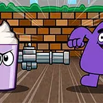 紫色の飲み物と紫色のキャラクターがレンガの壁の前で対峙している。