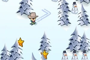 スキーをするカウボーイのキャラクターが雪の中で星のアイテムを集め、木と雪だるまが配置されているシーン。