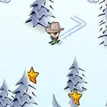 スキーをするカウボーイのキャラクターが雪の中で星のアイテムを集め、木と雪だるまが配置されているシーン。