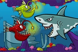 サメと2匹のチョウチンアンコウが海底の沈没船の前で対峙しているイラスト。