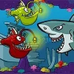 サメと2匹のチョウチンアンコウが海底の沈没船の前で対峙しているイラスト。