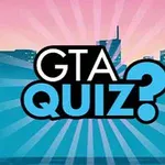 カラフルな空と建物の背景に、大きな文字で「GTA QUIZ?
