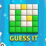 青い背景に白と緑と黄色のタイルで形成された正方形のパズルと「GUESS IT」の文字。