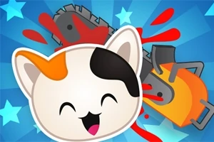白、オレンジ、黒の模様を持つかわいい猫のイラストとチェーンソーのイラストが背景に星とともに描かれている。