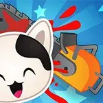 白、オレンジ、黒の模様を持つかわいい猫のイラストとチェーンソーのイラストが背景に星とともに描かれている。