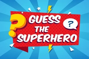 青い背景に赤と黄色のマンガ風の吹き出しで「GUESS THE SUPERHERO」と書かれているイラスト。