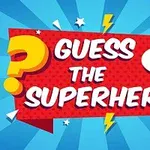 青い背景に赤と黄色のマンガ風の吹き出しで「GUESS THE SUPERHERO」と書かれているイラスト。