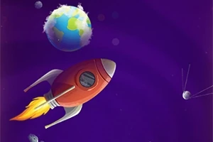 赤いロケットが地球と宇宙を背景にして飛んでいるイラスト。