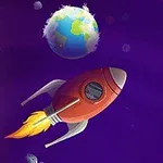 赤いロケットが地球と宇宙を背景にして飛んでいるイラスト。