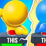 黄色と青色のキャラクターがそれぞれ赤いボタンに手を置き、背景は青とオレンジに分かれたイラスト。