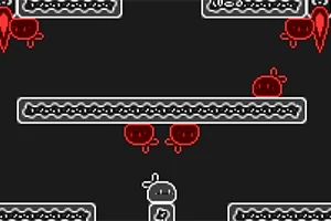 黒い背景に白いアウトラインのキャラクターと赤い敵キャラクターが描かれた、シンプルなプラットフォームデザイン。