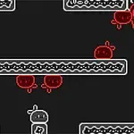 黒い背景に白いアウトラインのキャラクターと赤い敵キャラクターが描かれた、シンプルなプラットフォームデザイン。