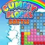 カラフルなブロックが並んだグリッドと虹、雲が背景にあるデザイン。