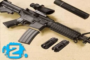 黒いライフルがアクセサリーと一緒に並べられている。