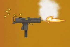 黒い銃が発砲され、弾丸が飛び出し、煙と炎が見える。