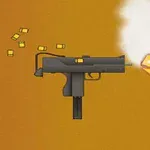 黒い銃が発砲され、弾丸が飛び出し、煙と炎が見える。