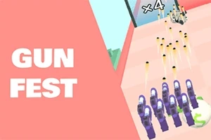 ピンクの背景に「GUN FEST」の文字と、紫の銃が並んで発射されているシーン。