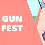 ピンクの背景に「GUN FEST」の文字と、紫の銃が並んで発射されているシーン。
