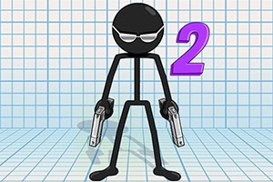 サングラスをかけたスティックマンが2丁の銃を構えており、背景に数字の2がある。