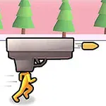 ピンクの背景に緑の木が並ぶ中、オレンジ色の人形が銃から飛び出して弾丸と現金のあるボトルに向かっている姿。