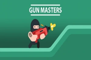 忍者が銃を持って緑の背景を歩いているイラスト。
