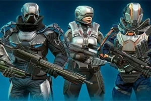 3人のSFアーマーを着た兵士が武器を持って立っている姿。