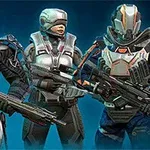 3人のSFアーマーを着た兵士が武器を持って立っている姿。