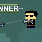 ブロック状のキャラクターが銃を構え、向かい合って立っているイラスト。