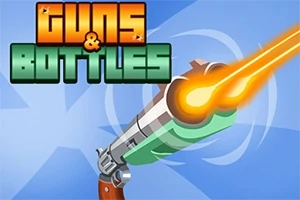 青い背景に「GUNS & BOTTLES」という文字があり、発砲中の銃が描かれているイラスト。