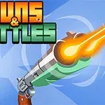 青い背景に「GUNS & BOTTLES」という文字があり、発砲中の銃が描かれているイラスト。