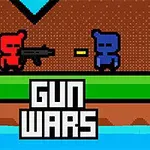 赤いキャラクターと青いキャラクターが緑の地面の上に立ち、銃を構えているピクセルアートのイラスト。