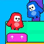赤と青のキャラクターがピクセルアートの環境で王冠に向かっている。