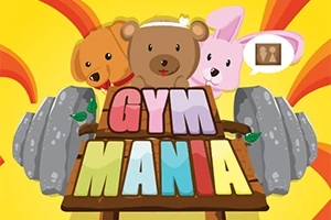 ダンベルを背景に、犬、クマ、ウサギのキャラクターが「GYM MANIA」と書かれた看板の上にいるイラスト。